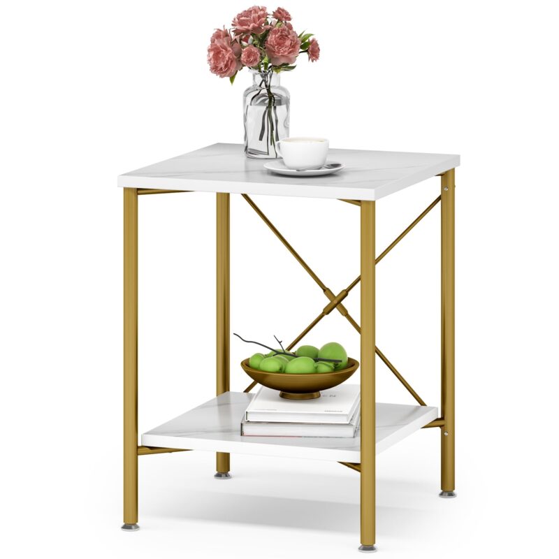 End Table, Modern 2-Tier Faux Marble Side Table, Nightstand - Image 8