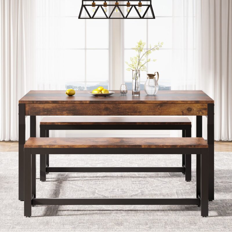 Dining Table Set, Kitchen Breakfast Table with 2 Benches & Sided Drawer - Image 4