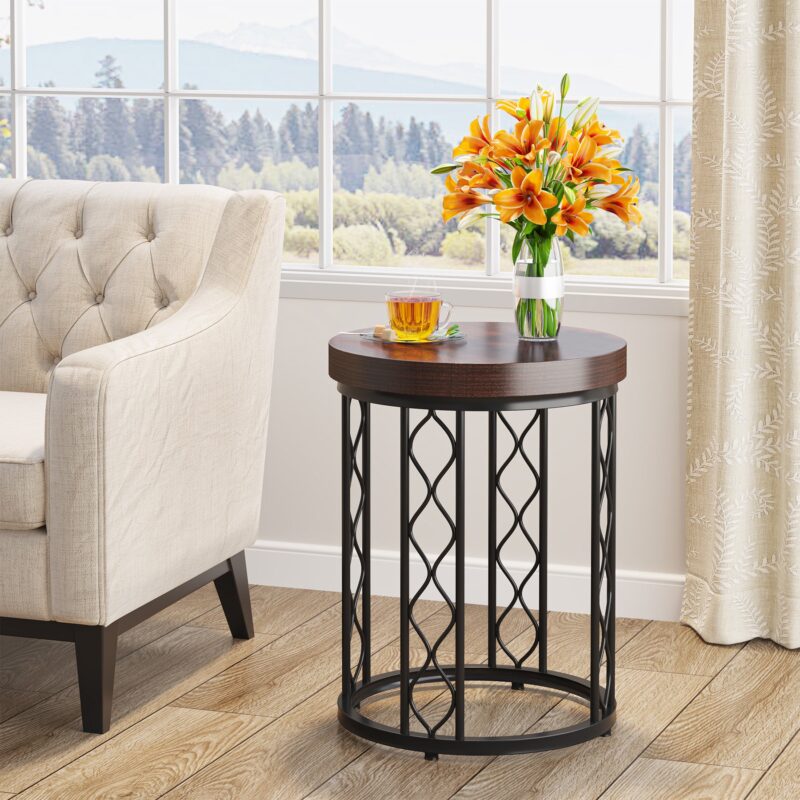 End Table, Round Side Table Nightstand with Metal Frame - Image 2