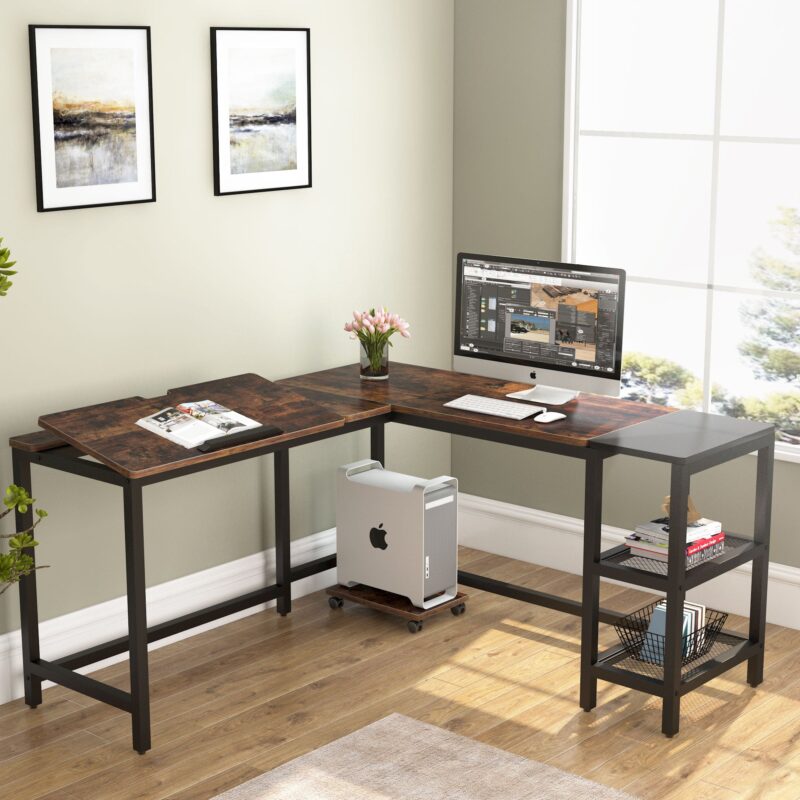 L-Shaped Desk, 59" Corner Computer Desk Drafting Table with Shelves