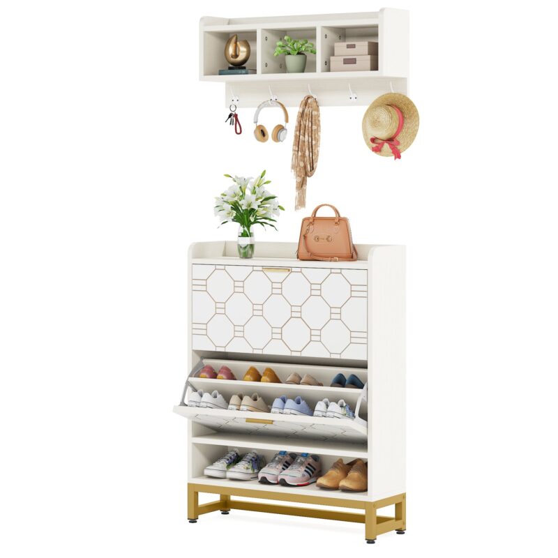 Shoe Cabinet with Cubby Coat Rack and 2 Flip Drawers