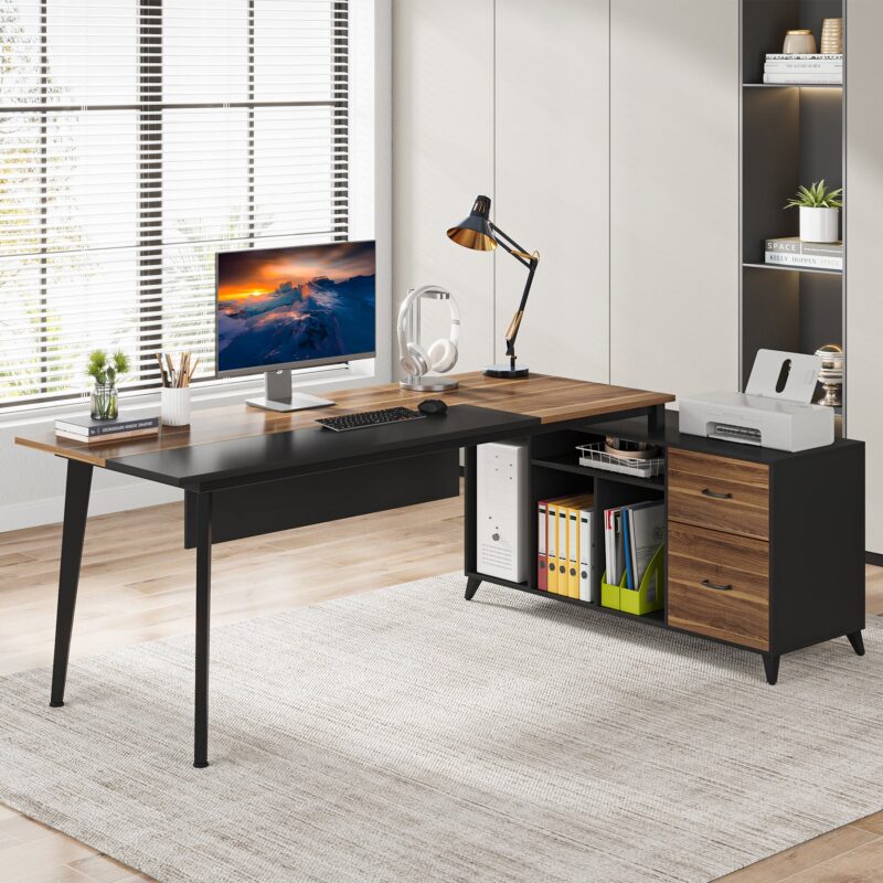 L-Shaped Desk, 70.9’’ Office Executive Desk with File Cabinet