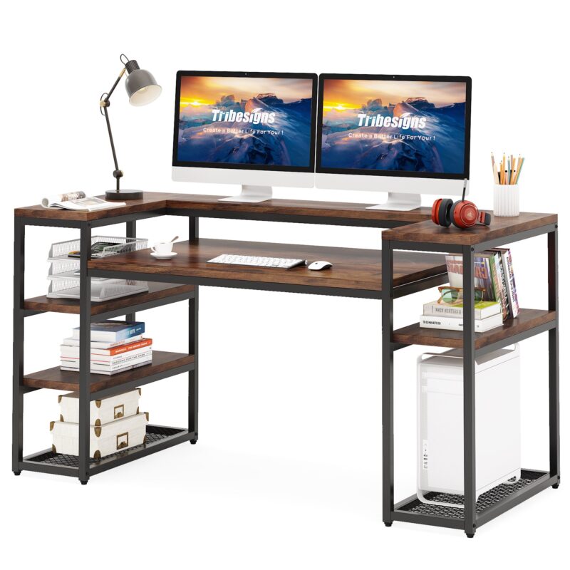 Computer Desk, 63" Study Table with Monitor Stand & Shelves