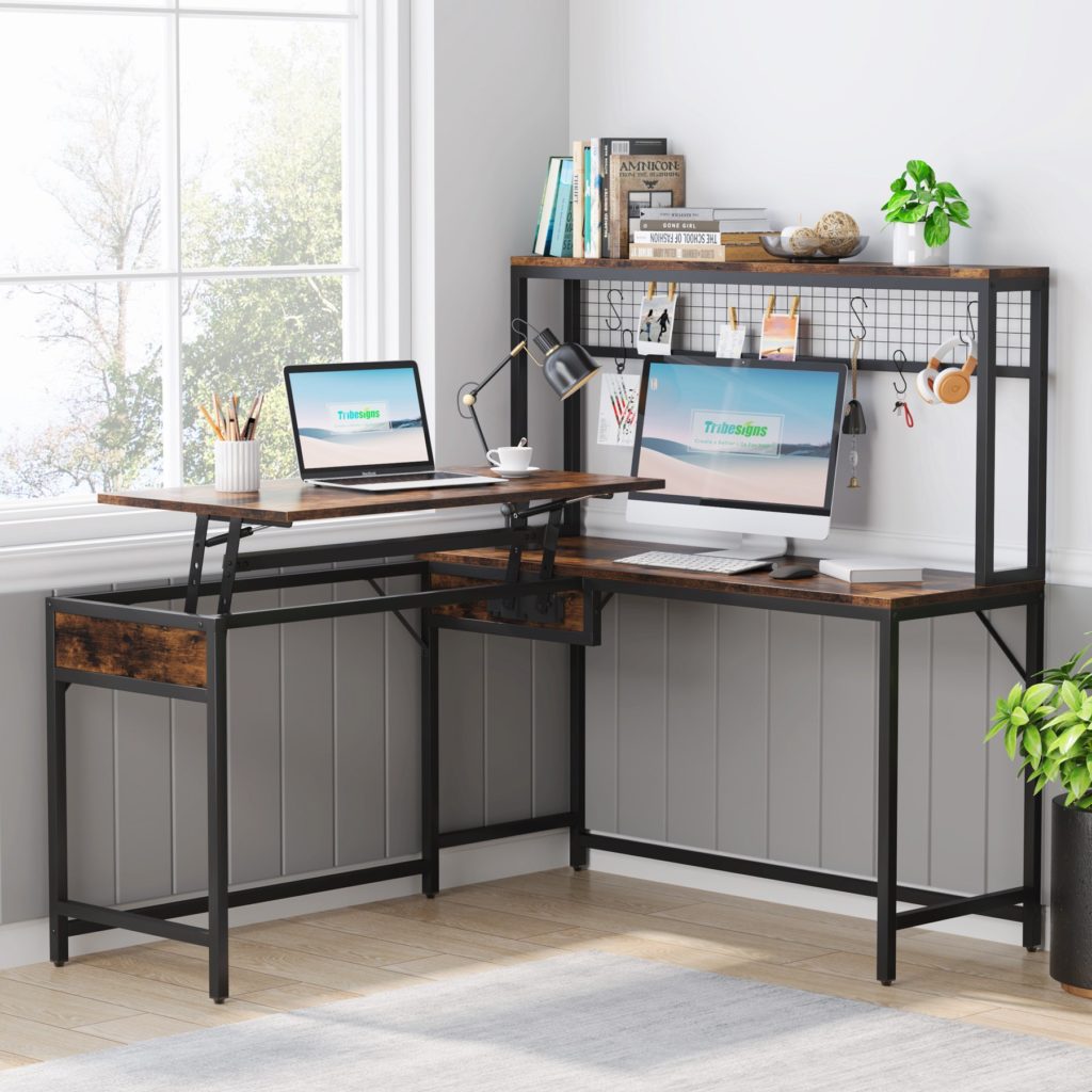 Lift Top L-Shaped Desk, Corner Height Adjustable Desk with Hutch ...