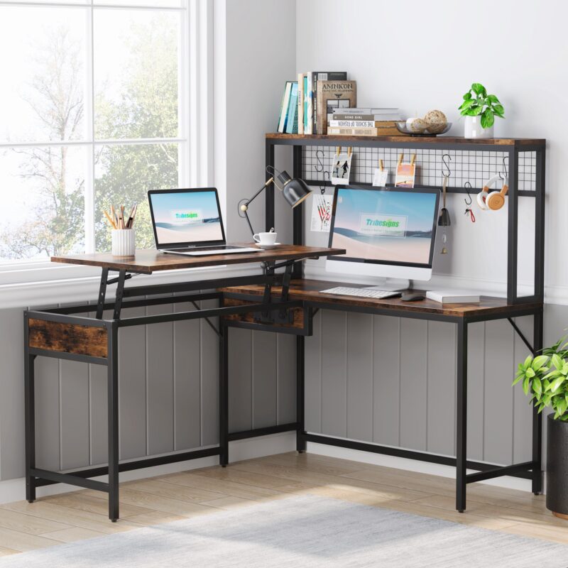 Lift Top L-Shaped Desk, Corner Height Adjustable Desk with Hutch - Image 2