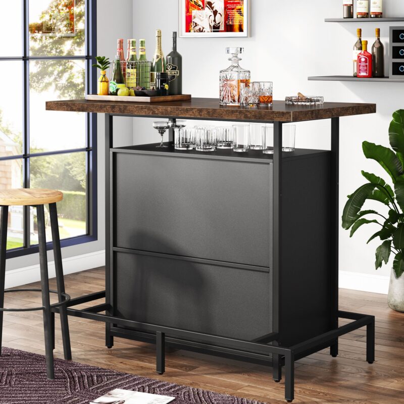 Home Bar Unit, Industrial 3-Tier Liquor Bar Table with Glasses Holder - Image 3