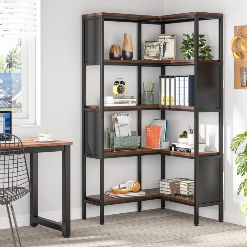 Corner Bookshelf, Industrial 5-Tier L-Shaped Bookcase with Safety Baffles - Image 3