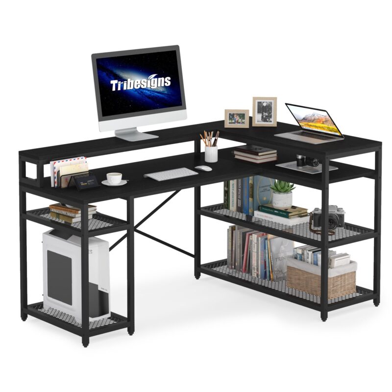 L-Shaped Desk, 59" Corner Computer Desk with Storage Shelf - Image 7