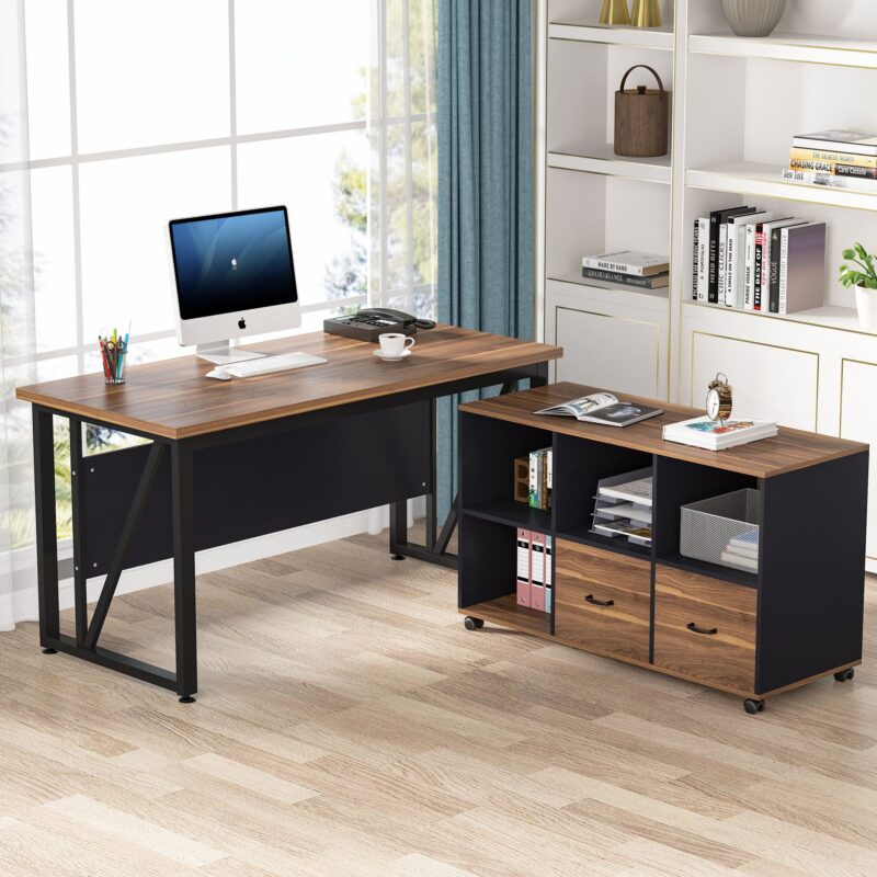 L-Shaped Desk, 55" Executive Desk Computer Table and 43" File Cabinet