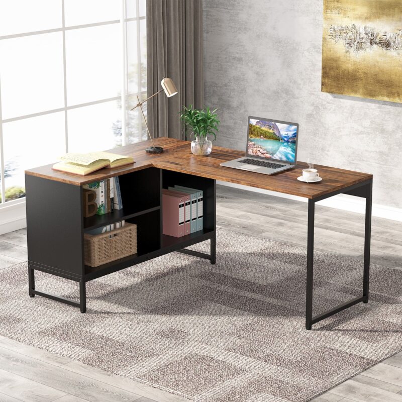 L-Shaped Desk, 60" Corner Computer Desk with File Cabinet