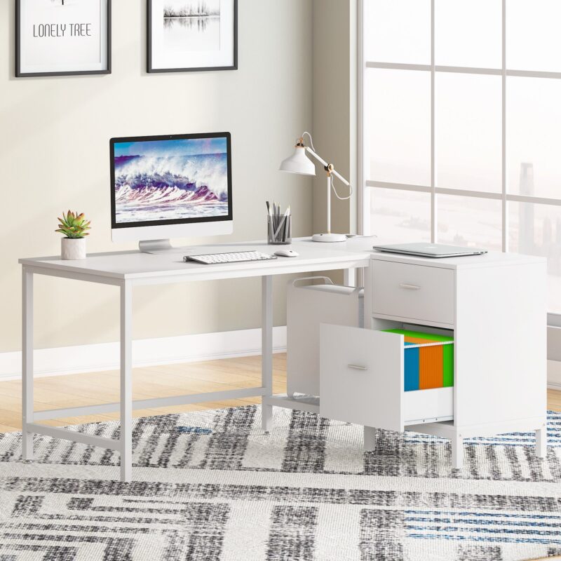 L-Shaped Desk, 55 Inch Computer Corner Desk with Drawer - Image 8