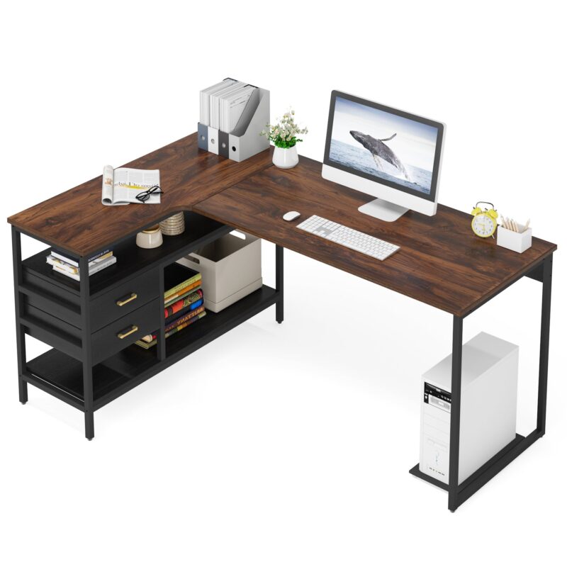 L-Shaped Desk, 59" Computer Desk with 2 Drawers & Storage Shelves