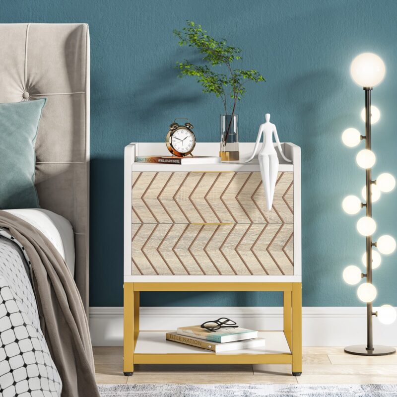 Nightstand, 2-Drawer Bedside End Table with Storage Shelf - Image 3