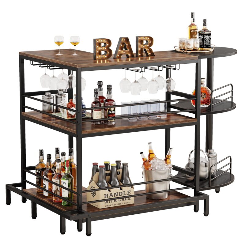 Home Bar Unit, 3-Tier L-Shaped Liquor Bar Table with Glass Holders