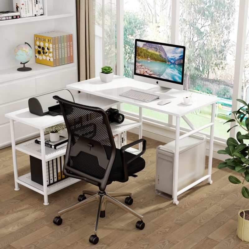 Rotating Desk, Modern L-Shaped Desk with Storage Shelves - Image 2