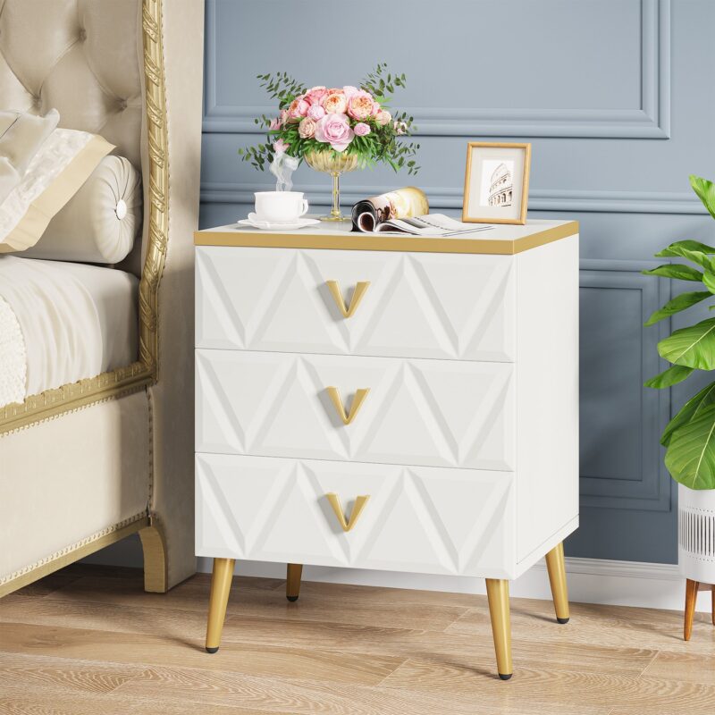 Nightstand, Modern Wooden Bedside Table with Three Drawers