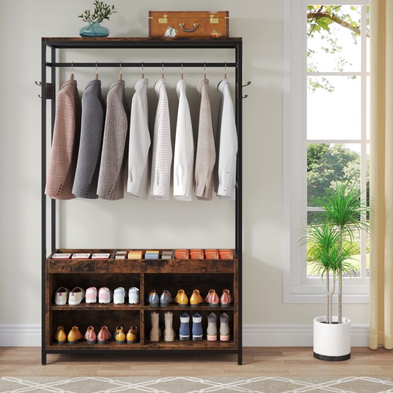 Coat Rack,  Entryway Hall Tree Garment Rack with Shoe Storage - Image 4