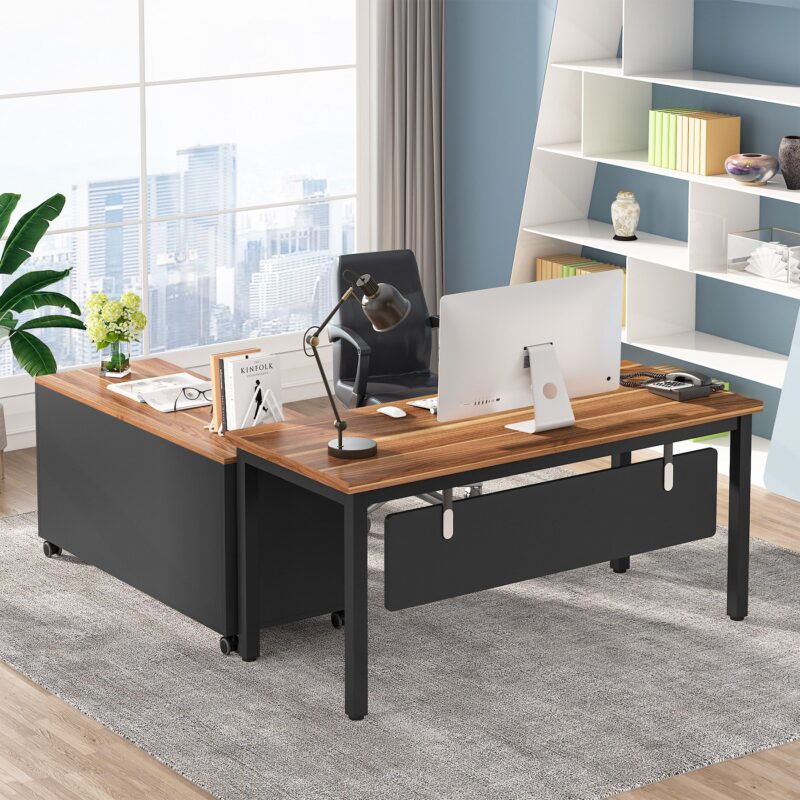 L-Shaped Desk,  Executive Computer Desk with Storage Cabinet - Image 3