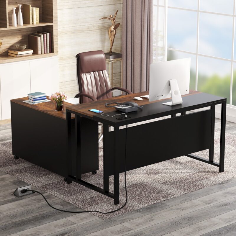 L-Shaped Desk, 55" Office Desk with 40" Mobile File Cabinet - Image 3