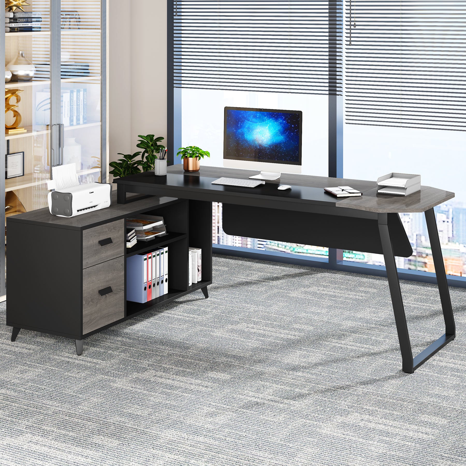 L-Shaped Desk, 70.8 Inch Executive Desk with 47.2 Inch File Cabinet ...