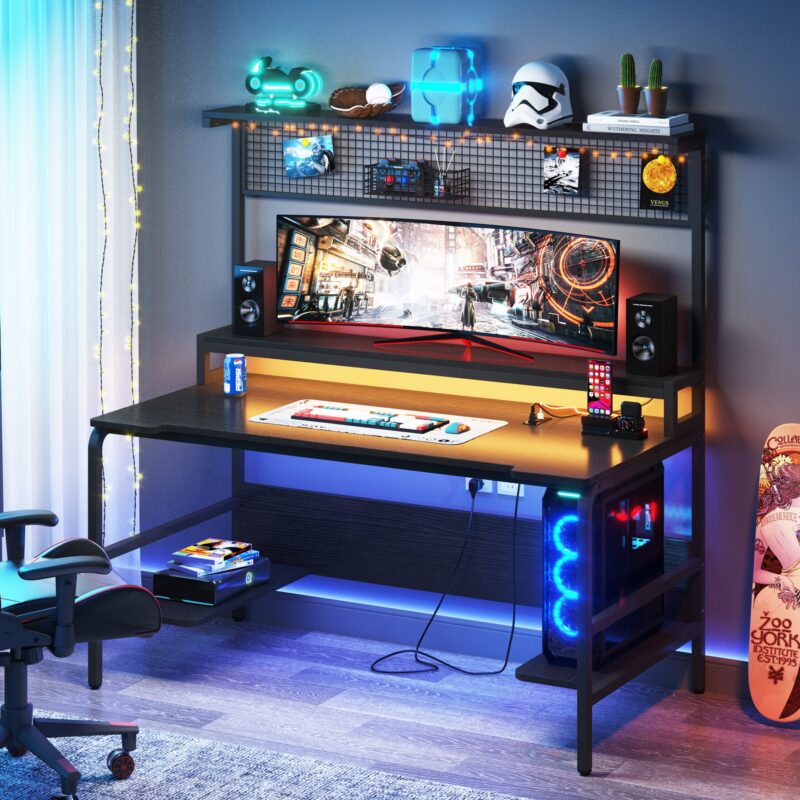 Gaming Desk with 2-Outlet & 2 USB Ports, Computer Desk with Monitor Stand - Image 3