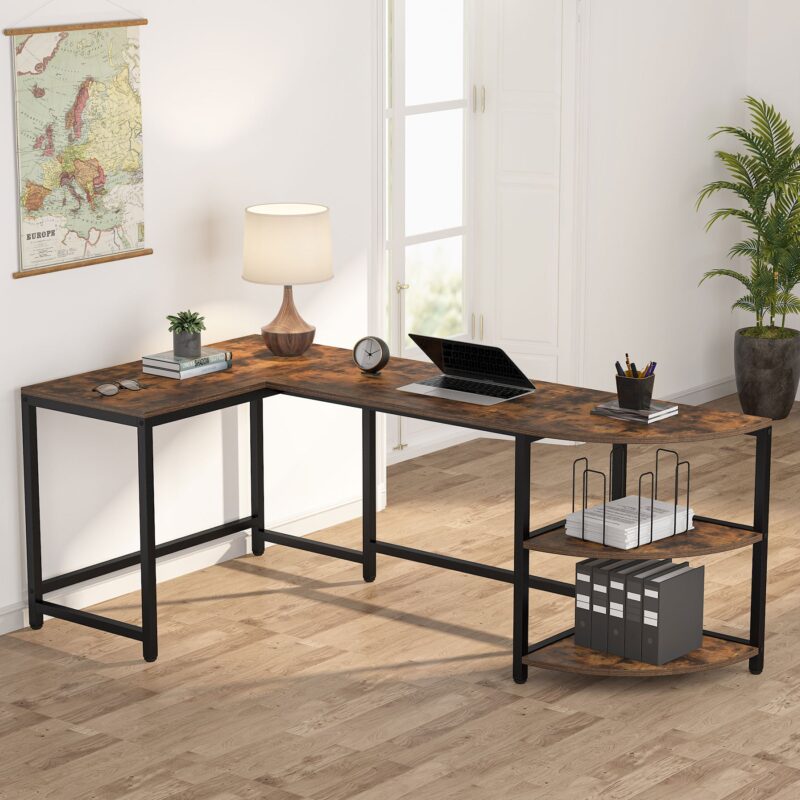 L-Shaped Desk, 75 inch Corner Computer Desk with Reversible Shelves - Image 2