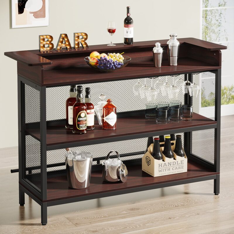 Home Bar Unit, Industrial 3 Tier Liquor Bar Table with Stemware Rack - Image 2