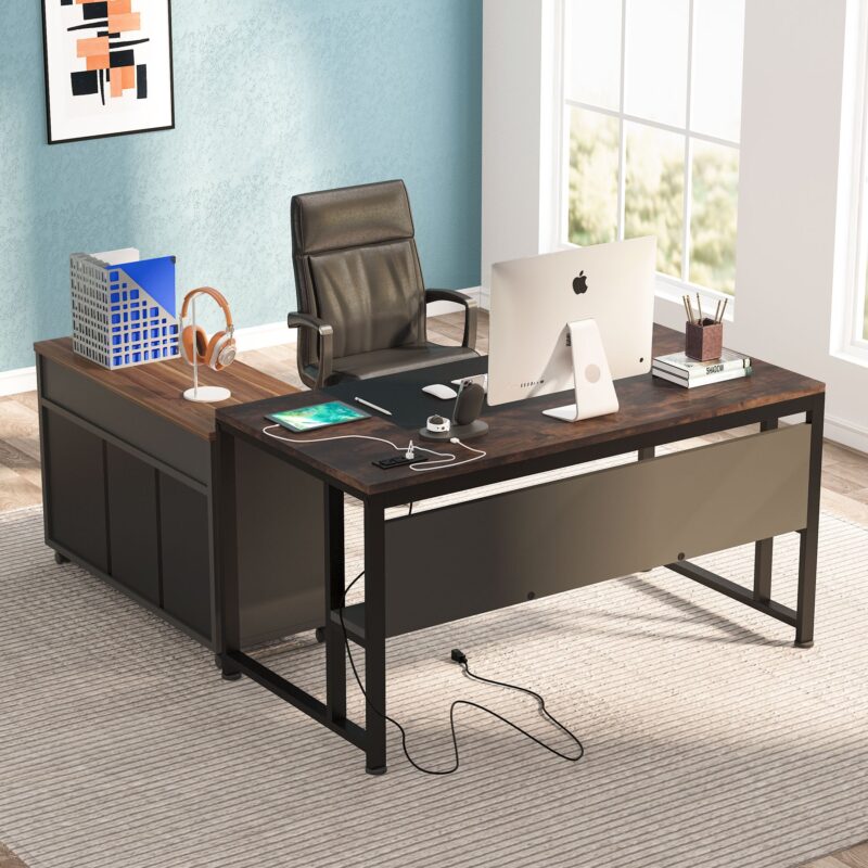 L-Shaped Desk, 55" Executive Computer Desk with File Cabinet & Power Outlet - Image 3