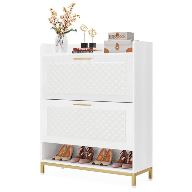 Shoe Cabinet, Freestanding Shoe Organizer with 2 Flip Drawers & Open Shelf