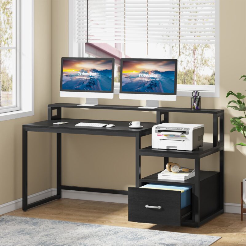 Computer Desk, 60" Desk with File Drawer and Shelves - Image 2