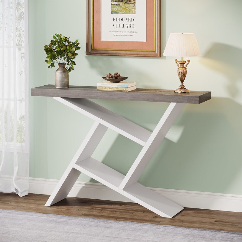 Console Table,  42" Farmhouse Entryway Table with Geometric Wood Base - Image 2