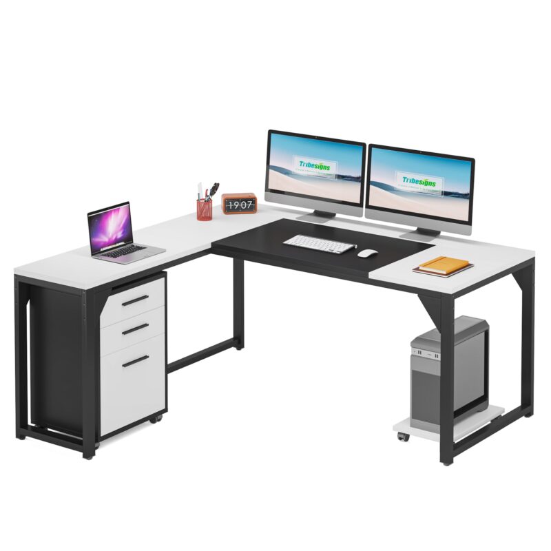 L-Shaped Desk, 63" Executive Computer Desk with Mobile File Cabinet - Image 7