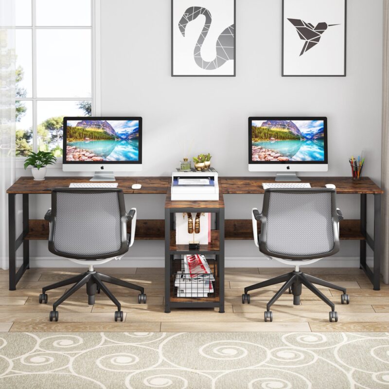 Two Person Desk, 94.5"Computer Desk with Shelves and Tiltable Tabletop - Image 4