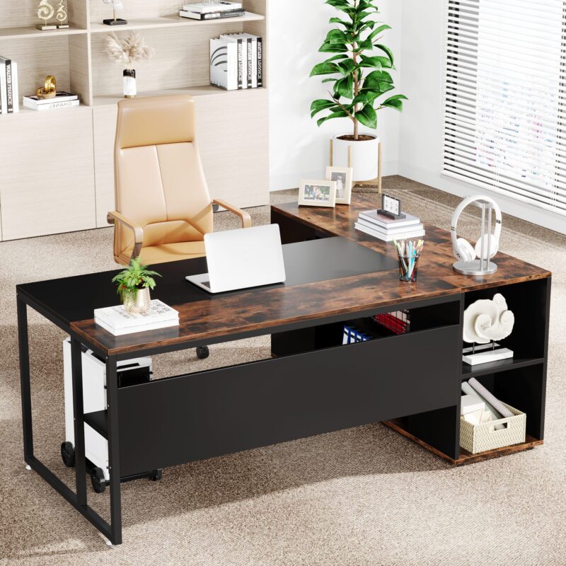 L-Shaped Desk, 71 inch Executive Desk with Shelves & Cabinet - Image 5