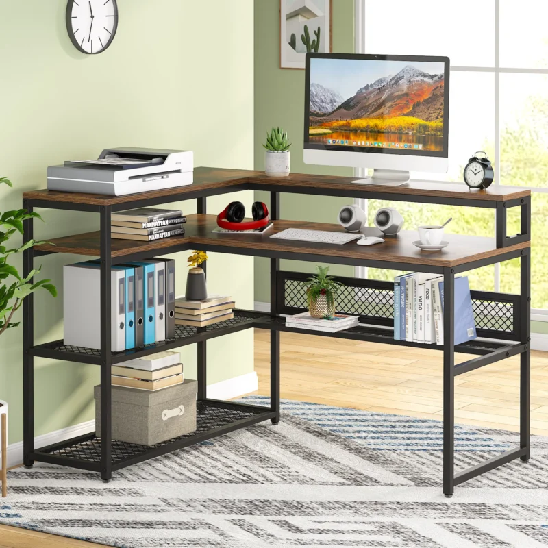 L-Shaped Computer Desk with Open Shelves & Monitor Stand - Image 4