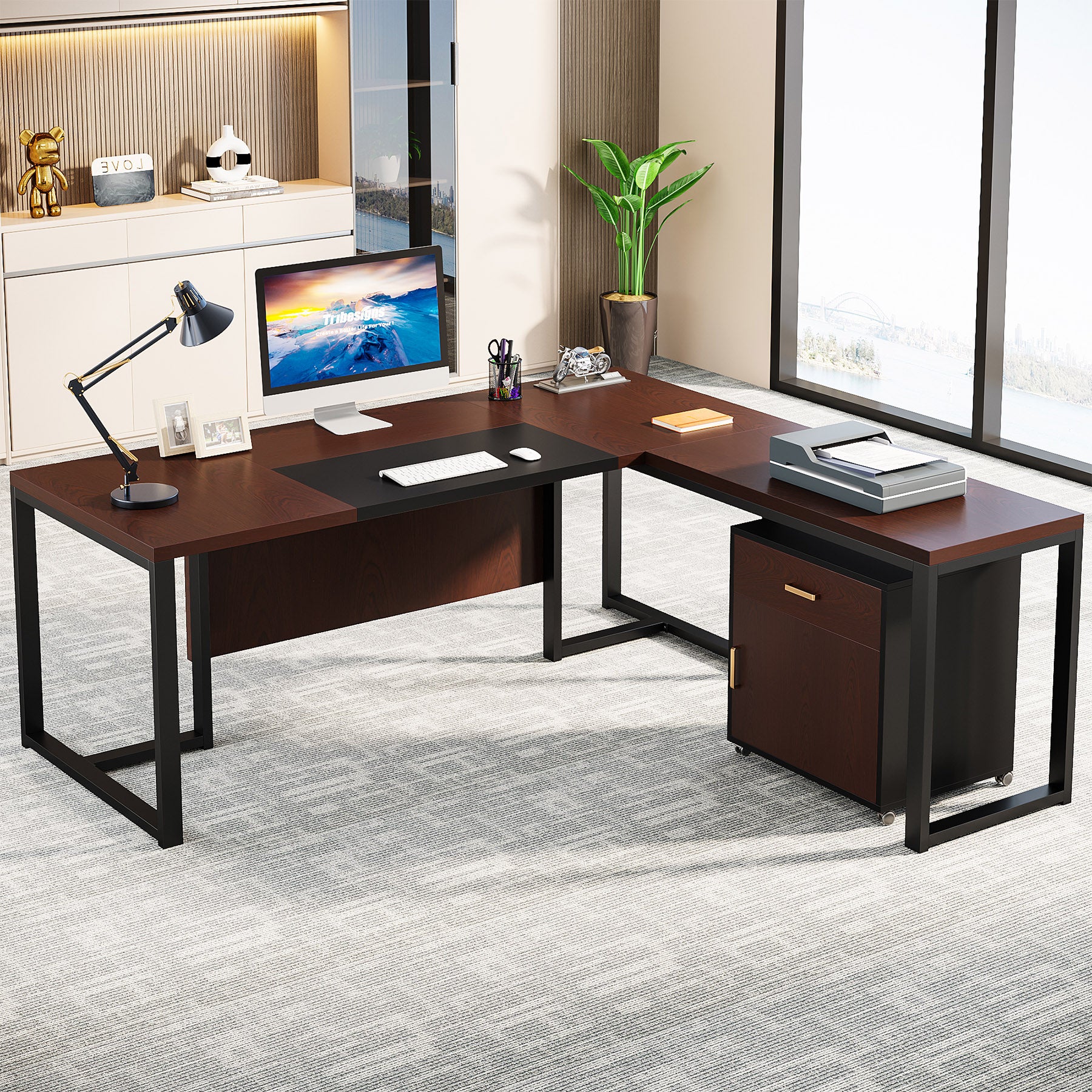 L-Shaped Desk, 70.8’’ Executive Desk with Mobile File Cabinet ...