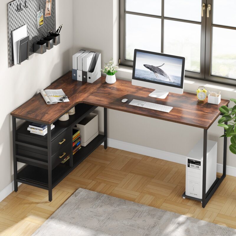 L-Shaped Desk, 59" Computer Desk with 2 Drawers & Storage Shelves - Image 3