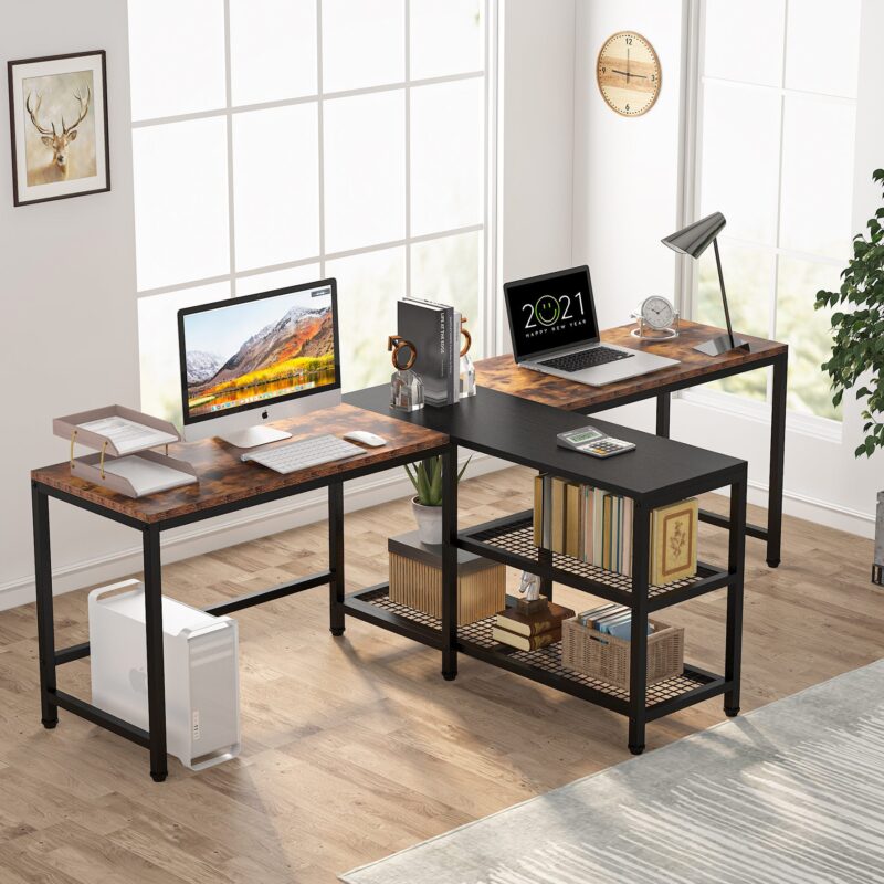 Two Person Desk, 94.5" Double Computer Desk with Shelves - Image 3