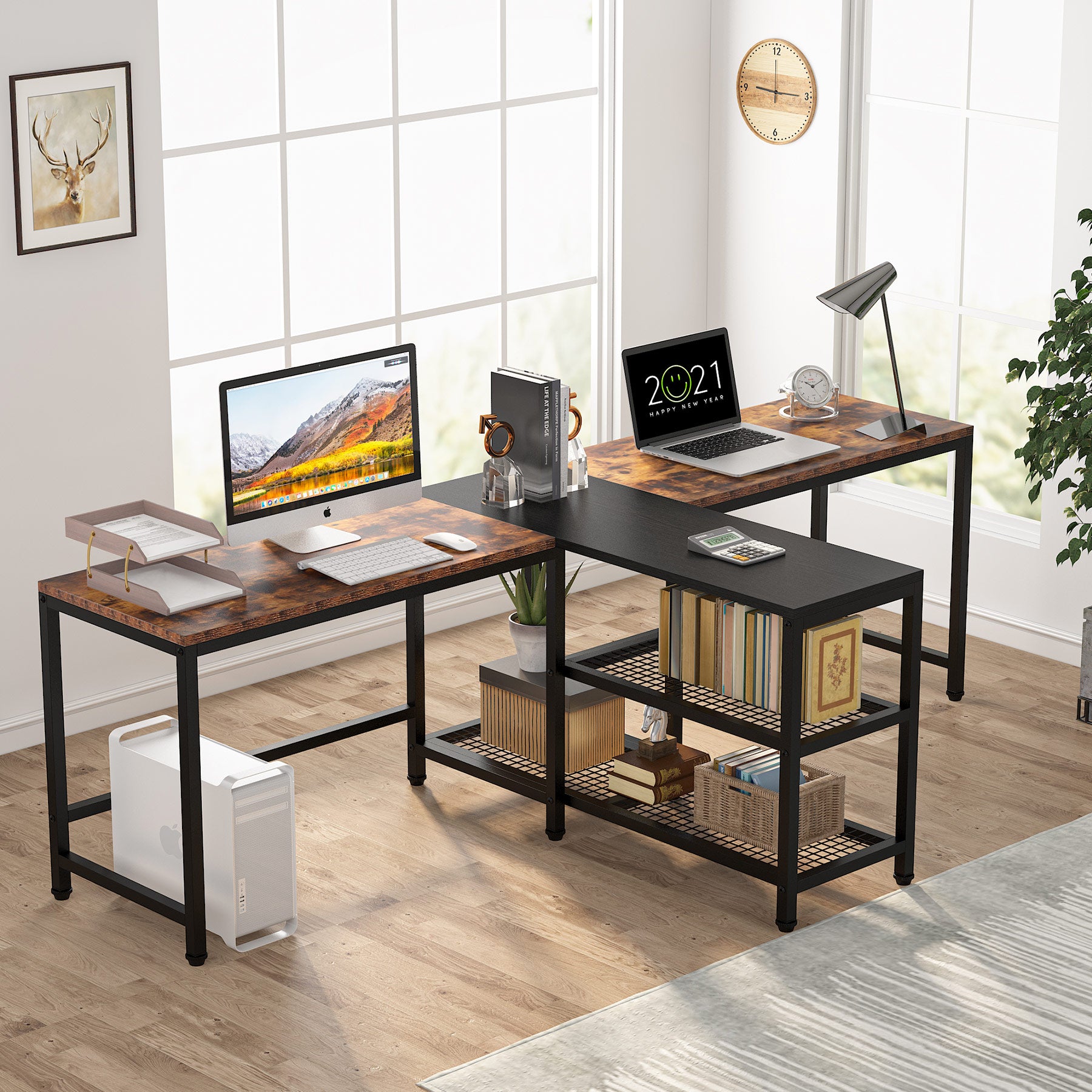 Two Person Desk, 94.5″ Double Computer Desk with Shelves – MecaWorks ...