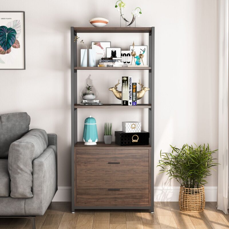 Bookshelf, Rustic Etagere Bookcase with Drawers & Shelves - Image 2