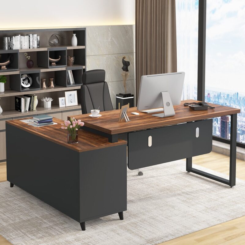 55 Inch L-Shaped Computer Executive Desk with 47 inch File Cabinet - Image 2