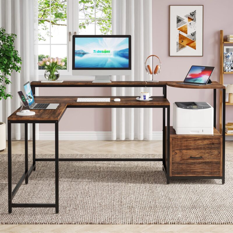 L-Shaped Desk, 67 Inch Corner Computer Desk with Hutch and Drawer - Image 3