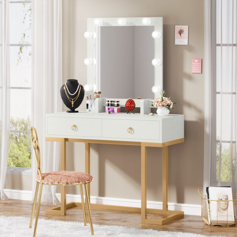 Vanity, Modern Makeup Table with 2 Storage Drawers & Lighted Mirror