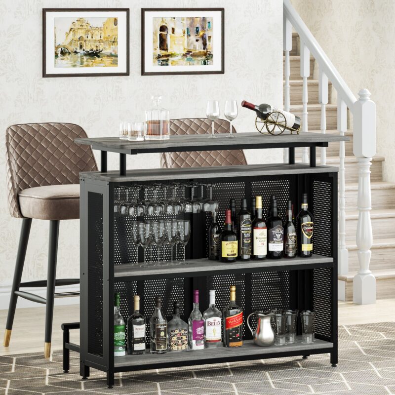 Bar Unit, 3 Tier Liquor Home Bar Table with Stemware Racks - Image 10