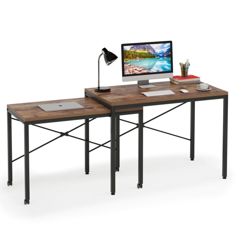 Two Person Desk, Double Computer Desk with Wheels Lockable - Image 2