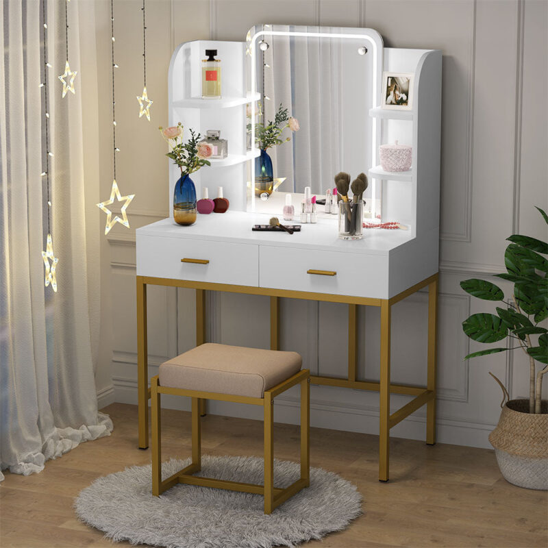 Vanity, Large Dressing Table Desk with Cushioned Stool - Image 3