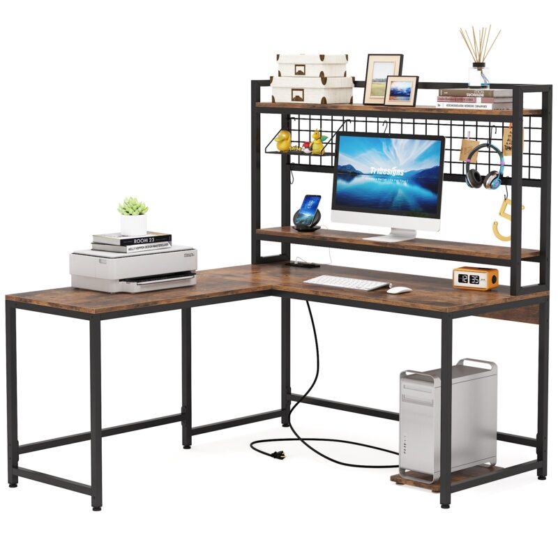 L-Shaped Desk, Reversible Corner Computer Desk with Power Outlet