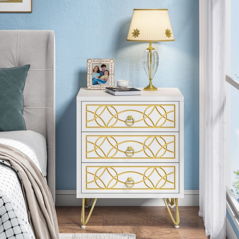 Nightstand, Modern Bedside Table Sofa End Table with 3 Drawers - Image 4