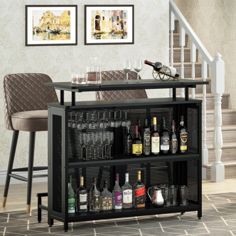 Bar Unit, 3 Tier Liquor Home Bar Table with Stemware Racks - Image 4