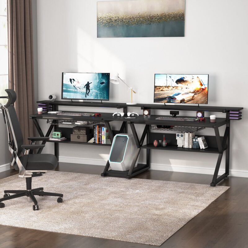 Gaming Desk, 102" Two Person Computer Desk with Shelves - Image 3